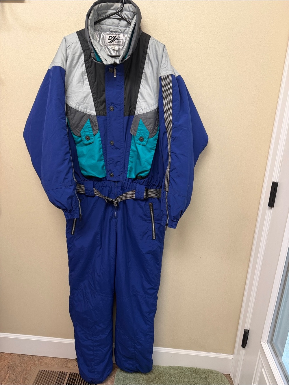 Vtg OSSI Royal Blue Teal Colorblock Men's Ski Suit SzL